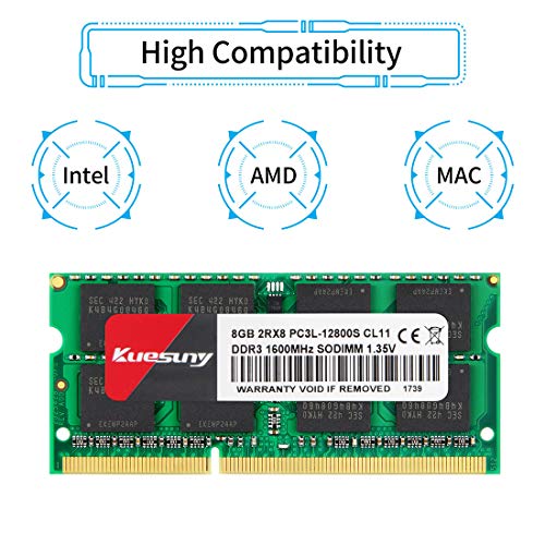 Kuesuny 16GB Kit (2 x 8GB) DDR3/DDR3L 1600 MHz Sodimm Ram PC3/PC3L-12800S PC3/PC3L-12800 1,5 V/1,35 V CL11 204 Pin 2RX8 Dual Rank Nicht-ECC ungepufferter Speicher RAM Ideal für Notebook-Laptop-Upgrade - 2