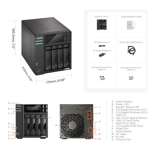 Asustor Lockerstor 4 Gen 2 AS6704T | 4 Bay NAS - Netzwerkspeicher Gehäuse, Quad Core 2.0GHz CPU, 4 M.2 PCIe 3.0 ssd Slot, 2 2.5GbE Port, 4GB RAM DDR4 - 2