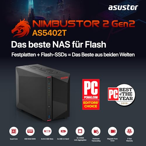 Asustor AS5402T Nimbustor 2 Gen2-2 Bay NAS Netzwerkspeicher Gehäuse, Quad-Core 2,0GHz CPU, 4xM.2 NVMe SSD Steckplätze, 2x2,5GbE Anschlüsse, 4GB DDR4 RAM, Gaming-Inspirierten NAS - 2