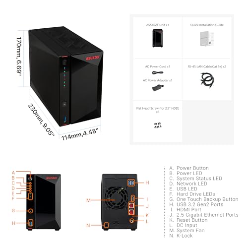 Asustor AS5402T Nimbustor 2 Gen2-2 Bay NAS Netzwerkspeicher Gehäuse, Quad-Core 2,0GHz CPU, 4xM.2 NVMe SSD Steckplätze, 2x2,5GbE Anschlüsse, 4GB DDR4 RAM, Gaming-Inspirierten NAS - 3