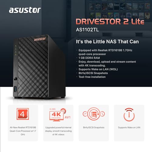 Asustor Drivestor 2 Lite AS1102TL, 2 Bay NAS Gehäuse Netzwerkspeicher, 1.7GHz Quad Core, 1GbE Port, 1GB RAM DDR4, Network Attached Storage für Cloud Speicher (Diskless) - 4