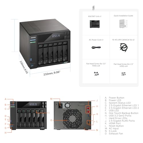 Asustor Lockerstor 6 Gen 2 AS6706T | 6 Bay NAS - Netzwerkspeicher Gehäuse, Quad Core 2.0GHz CPU, 4 M.2 PCIe 3.0 ssd Slot, 2 2.5GbE Port, 8GB RAM DDR4 - 2