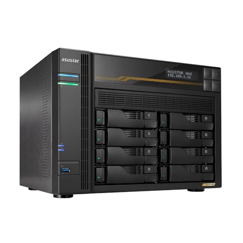 Asustor Lockerstor 8 Gen3 AS6808T 8 Bay NAS Netzwerkspeicher, AMD Ryzen Quad-Core 2.3 GHz, 16GB RAM ECC DDR5, 4 M.2 NVMe Slots, Dual 5GbE & Dual 10GbE Port, USB4 Type-C, Network Attached Storage