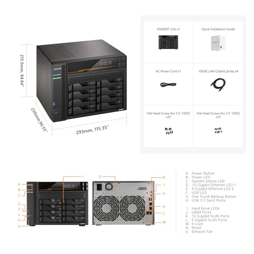Asustor Lockerstor 8 Gen3 AS6808T 8 Bay NAS Netzwerkspeicher, AMD Ryzen Quad-Core 2.3 GHz, 16GB RAM ECC DDR5, 4 M.2 NVMe Slots, Dual 5GbE & Dual 10GbE Port, USB4 Type-C, Network Attached Storage - 2