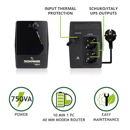 Tecnoware Power Systems - Unterbrechungsfreie Stromversorgung | 750 VA Schutz vor Stromausfällen | AVR Plus-Technologie | 10 Min Autonomie für PC, 40 Min für Modem | Geräuschlos, SINGLE, 750VA - 2