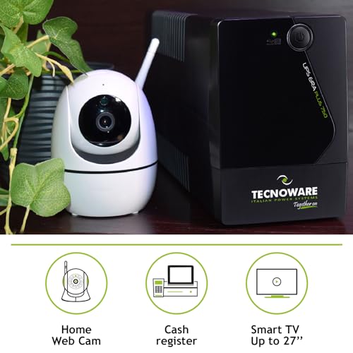 Tecnoware Power Systems - Unterbrechungsfreie Stromversorgung | 750 VA Schutz vor Stromausfällen | AVR Plus-Technologie | 10 Min Autonomie für PC, 40 Min für Modem | Geräuschlos, SINGLE, 750VA - 5
