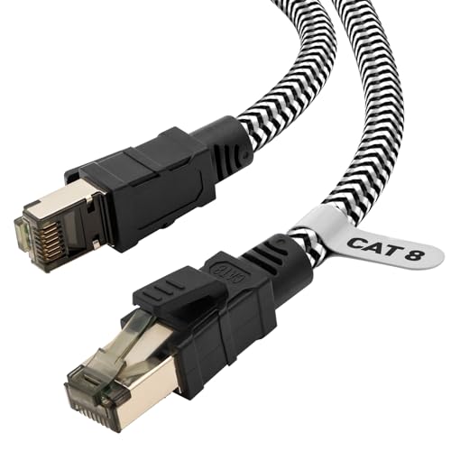 Qiuean Cat 8 3m Lan Kabel,Nylon Geflochtener Netzwerkkabel,40Gbps 2000MHz Hochgeschwindigkeits Ethernet Kabel,S/FTP Patchkabel mit Vernickelt Rj45-Stecker für Ps5/Laptop/Router/Gaming/Modem