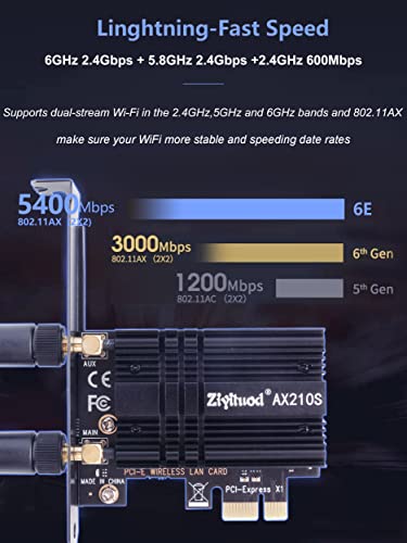 WLAN Karte, Intel AX210 Bluetooth5.2, Bis zu 5400Mbit/s Tri-Bands(6G/5G/2.4G) WLAN PCIe WiFi 6 Karte für Windows 11/10(64bit) - 4